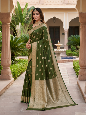 Mehendi color silk blend zari woven work sari -un stitched blouse 4