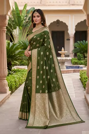 Mehendi color silk blend zari woven work sari -un stitched blouse