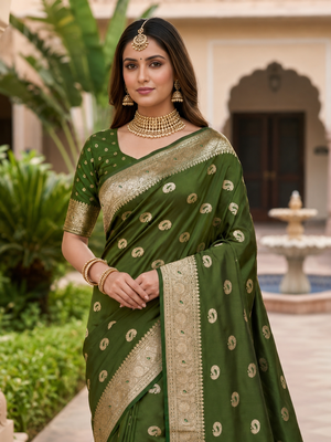 Mehendi color silk blend zari woven work sari -un stitched blouse 5