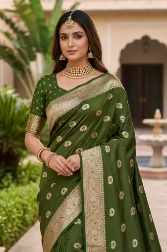 Mehendi color silk blend zari woven work sari -un stitched blouse
