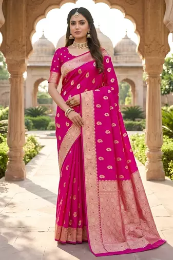 Rani pink color silk blend zari woven work sari -un stitched blouse