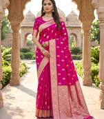 Rani pink color silk blend zari woven work sari -un stitched blouse