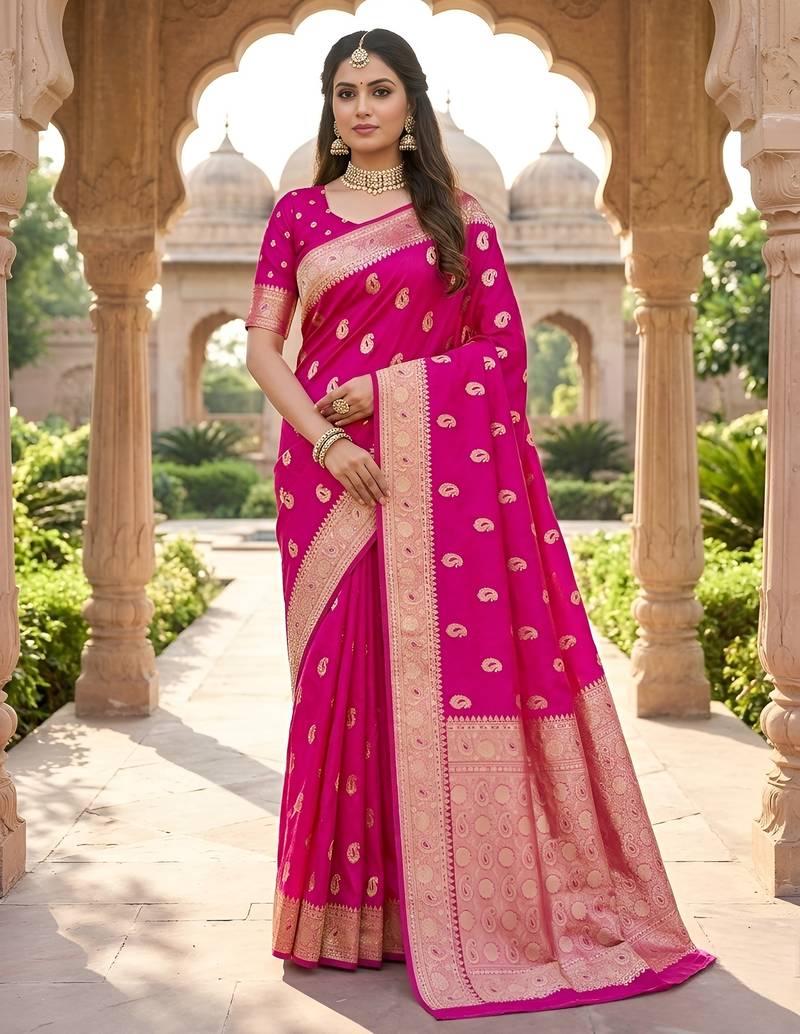 Rani pink color silk blend zari woven work sari -un stitched blouse