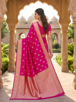 Rani pink color silk blend zari woven work sari -un stitched blouse 2