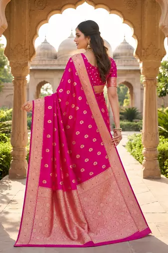Rani pink color silk blend zari woven work sari -un stitched blouse