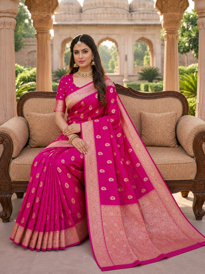 Rani pink color silk blend zari woven work sari -un stitched blouse 3