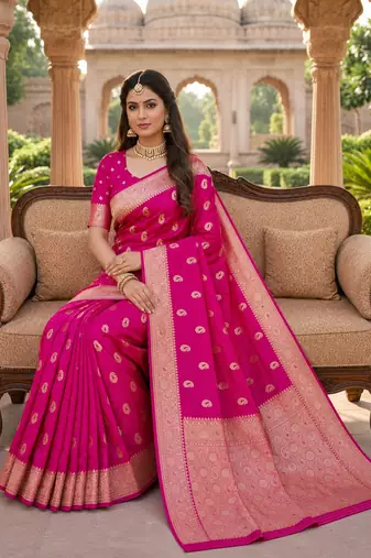 Rani pink color silk blend zari woven work sari -un stitched blouse