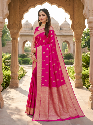 Rani pink color silk blend zari woven work sari -un stitched blouse 4