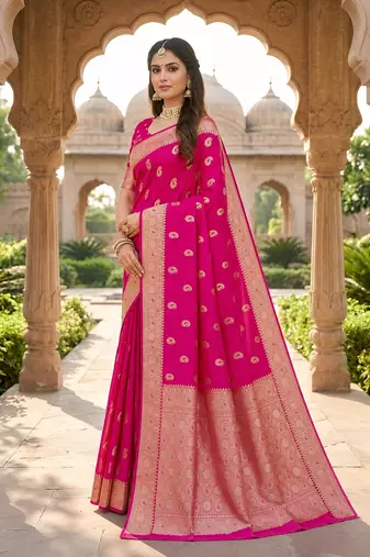 Rani pink color silk blend zari woven work sari -un stitched blouse