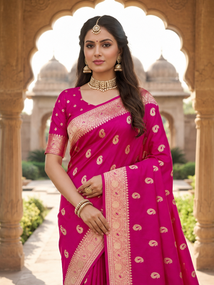 Rani pink color silk blend zari woven work sari -un stitched blouse 5