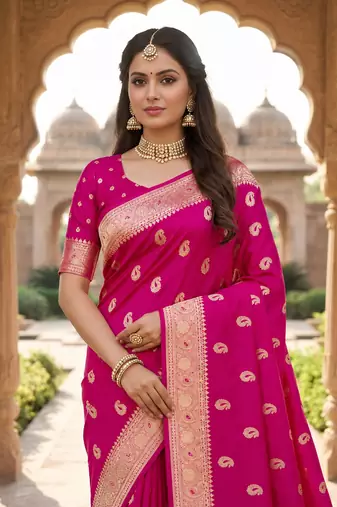 Rani pink color silk blend zari woven work sari -un stitched blouse