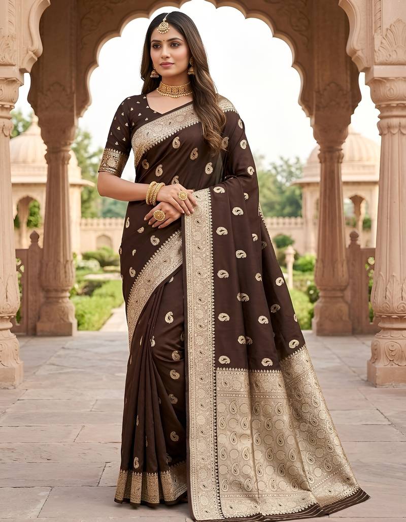 Bronze pink color silk blend zari woven work sari -un stitched blouse