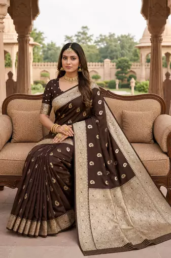 Bronze pink color silk blend zari woven work sari -un stitched blouse