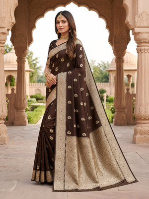 Bronze pink color silk blend zari woven work sari -un stitched blouse 4