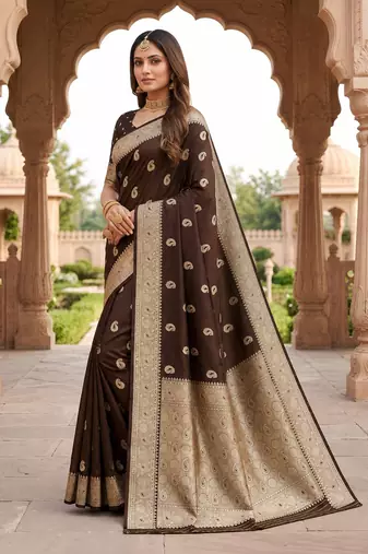 Bronze pink color silk blend zari woven work sari -un stitched blouse