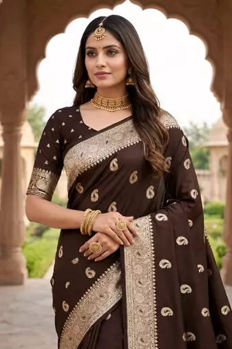 Bronze pink color silk blend zari woven work sari -un stitched blouse