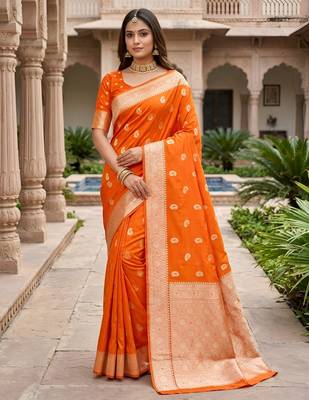 Orange pink color silk blend zari woven work sari -un stitched blouse 1