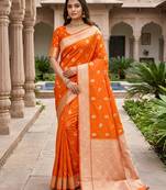 Orange pink color silk blend zari woven work sari -un stitched blouse