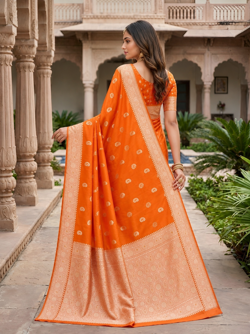 Orange pink color silk blend zari woven work sari -un stitched blouse