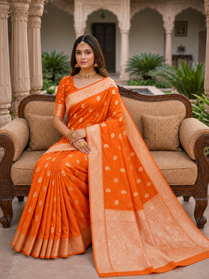 Orange pink color silk blend zari woven work sari -un stitched blouse 3