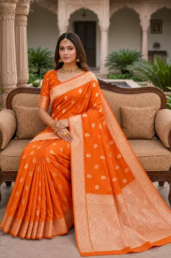Orange pink color silk blend zari woven work sari -un stitched blouse