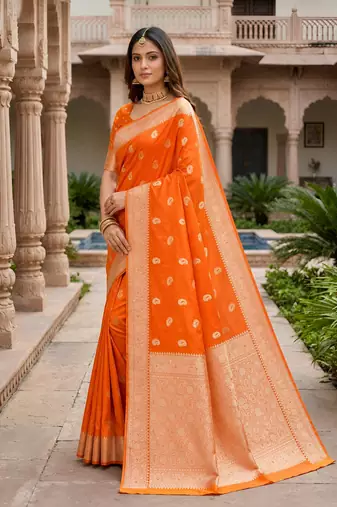 Orange pink color silk blend zari woven work sari -un stitched blouse