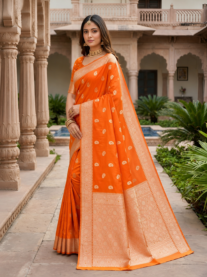 Orange pink color silk blend zari woven work sari -un stitched blouse