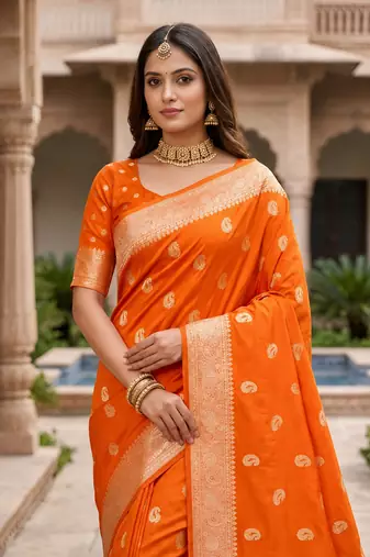 Orange pink color silk blend zari woven work sari -un stitched blouse