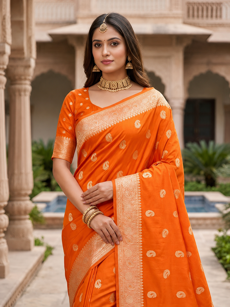 Orange pink color silk blend zari woven work sari -un stitched blouse