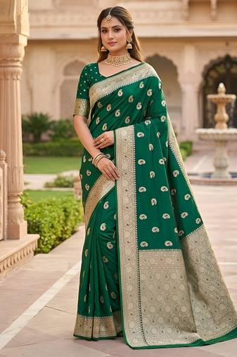 Green  color silk blend zari woven work sari -un stitched blouse