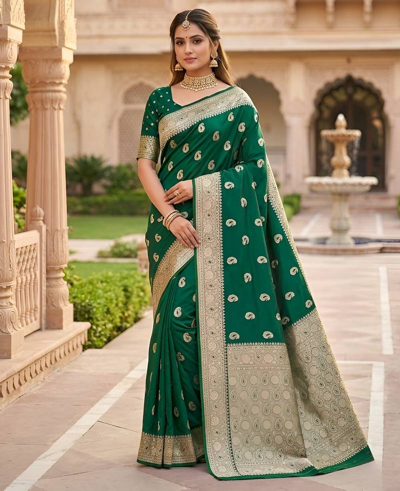 Green  color silk blend zari woven work sari -un stitched blouse