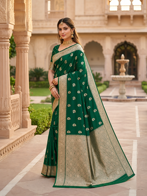 Green  color silk blend zari woven work sari -un stitched blouse 3