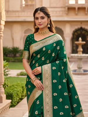 Green  color silk blend zari woven work sari -un stitched blouse 5