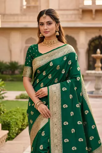 Green  color silk blend zari woven work sari -un stitched blouse