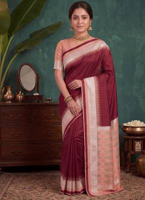 Maroon color silk blend woven work saree sari 1