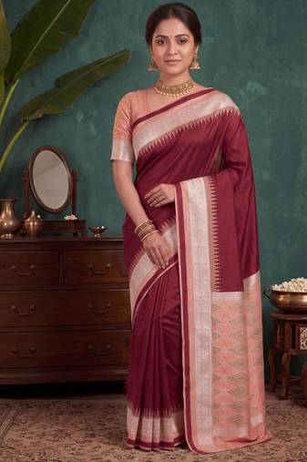 Maroon color silk blend woven work saree sari