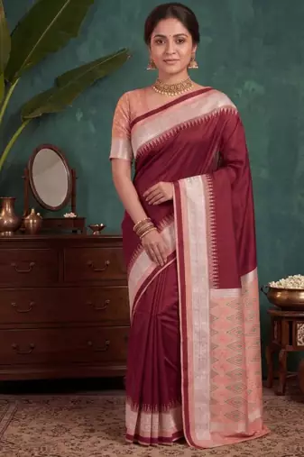 Maroon color silk blend woven work saree sari