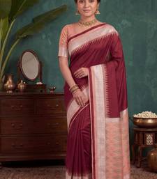 Maroon color silk blend woven work saree sari