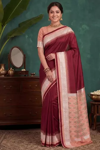 Maroon color silk blend woven work saree sari