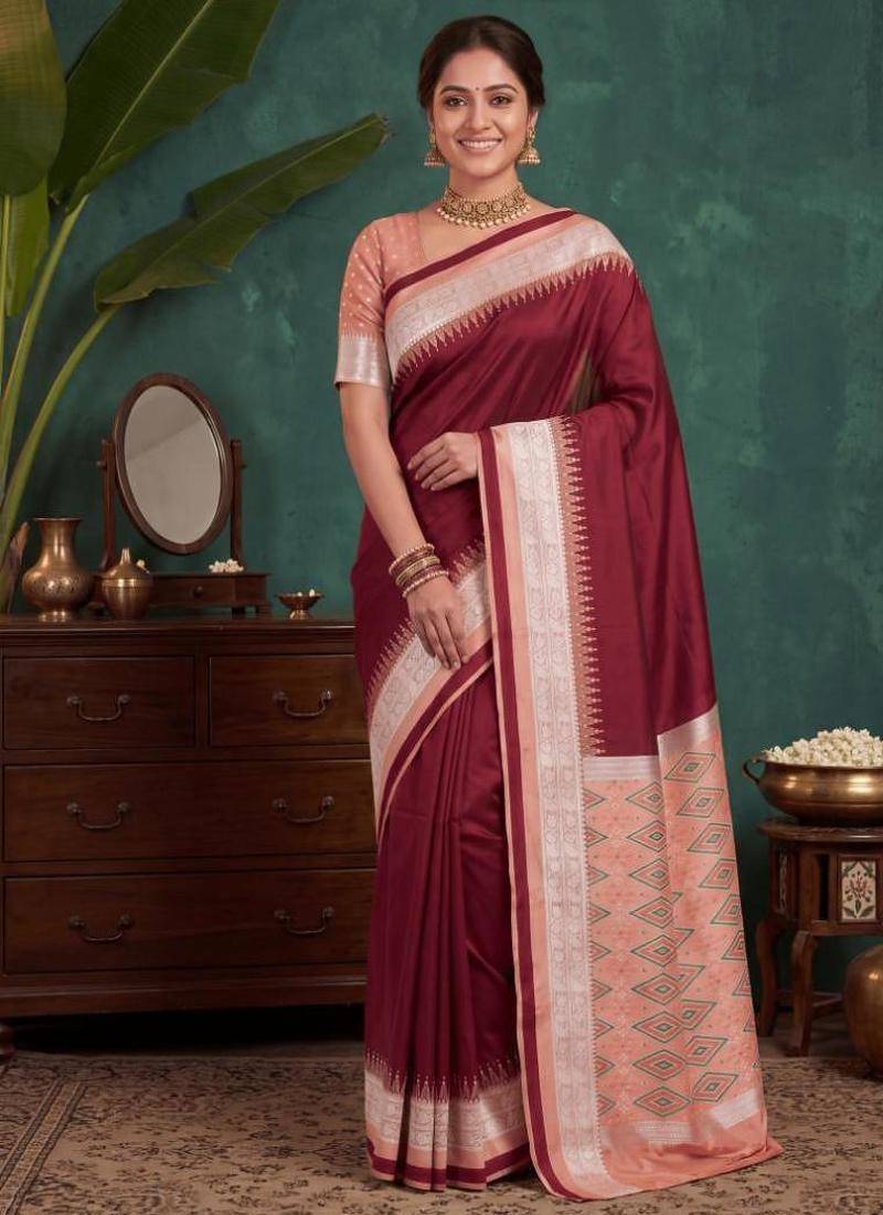 Maroon color silk blend woven work saree sari