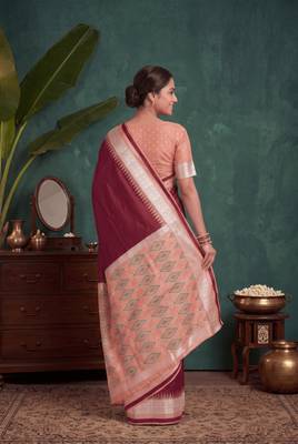 Maroon color silk blend woven work saree sari 3