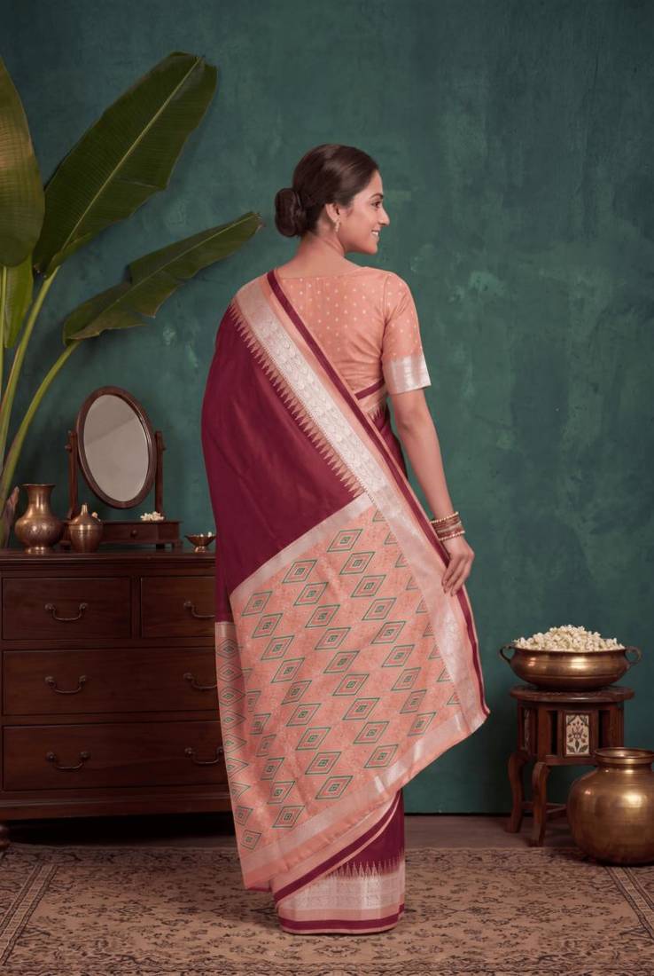 Maroon color silk blend woven work saree sari