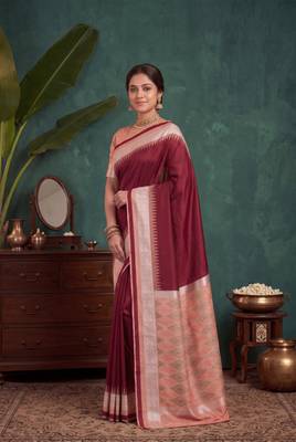 Maroon color silk blend woven work saree sari 4