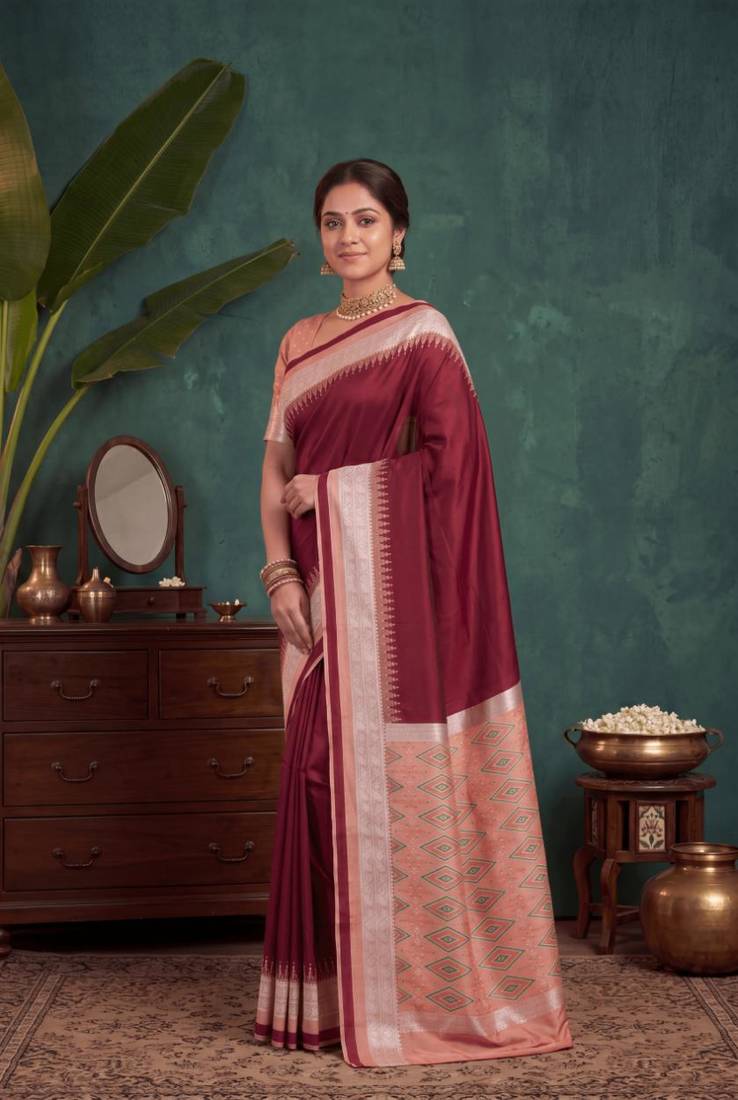Maroon color silk blend woven work saree sari