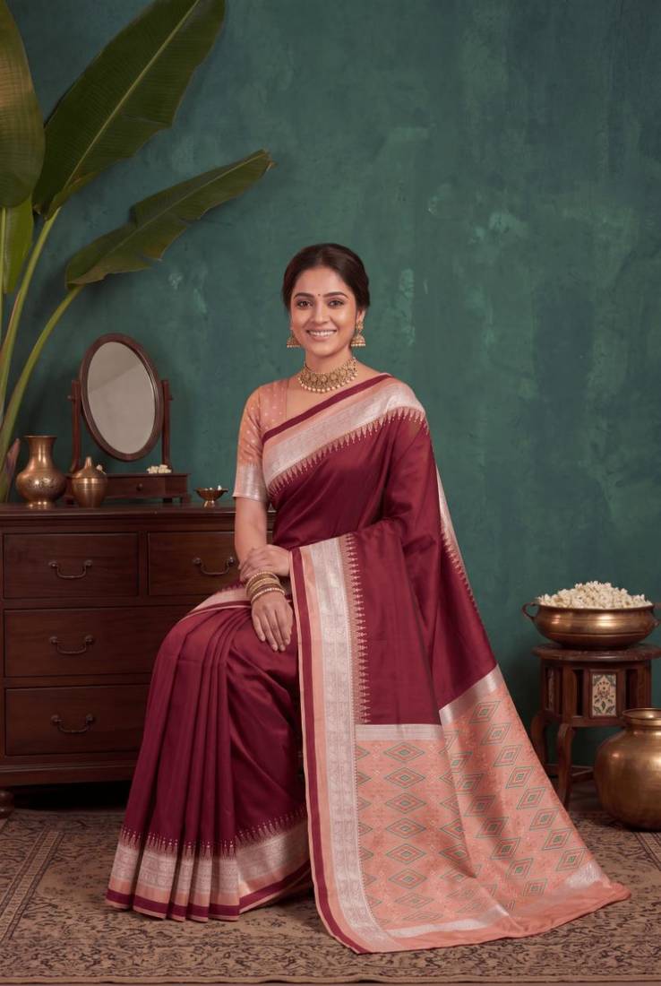 Maroon color silk blend woven work saree sari
