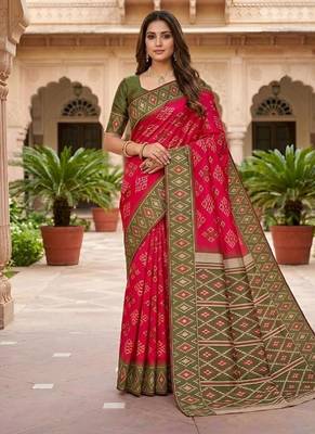 Rani pink color silk blend ikkat pattern woven work sarees 1