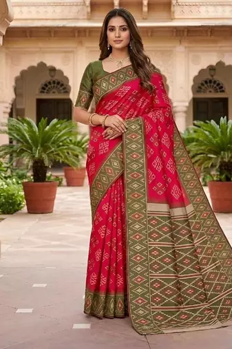 Rani pink color silk blend ikkat pattern woven work sarees