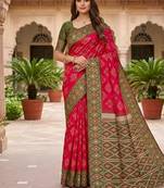 Rani pink color silk blend ikkat pattern woven work sarees