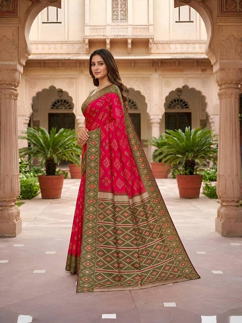 Rani pink color silk blend ikkat pattern woven work sarees