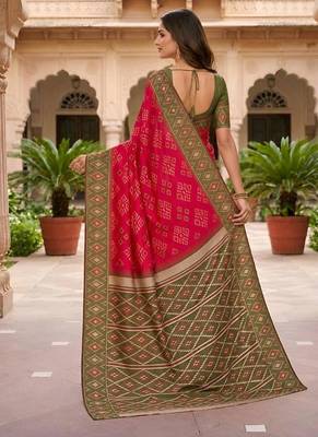 Rani pink color silk blend ikkat pattern woven work sarees 3